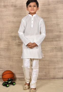 Woven Cotton Jacquard Kurta Set in White