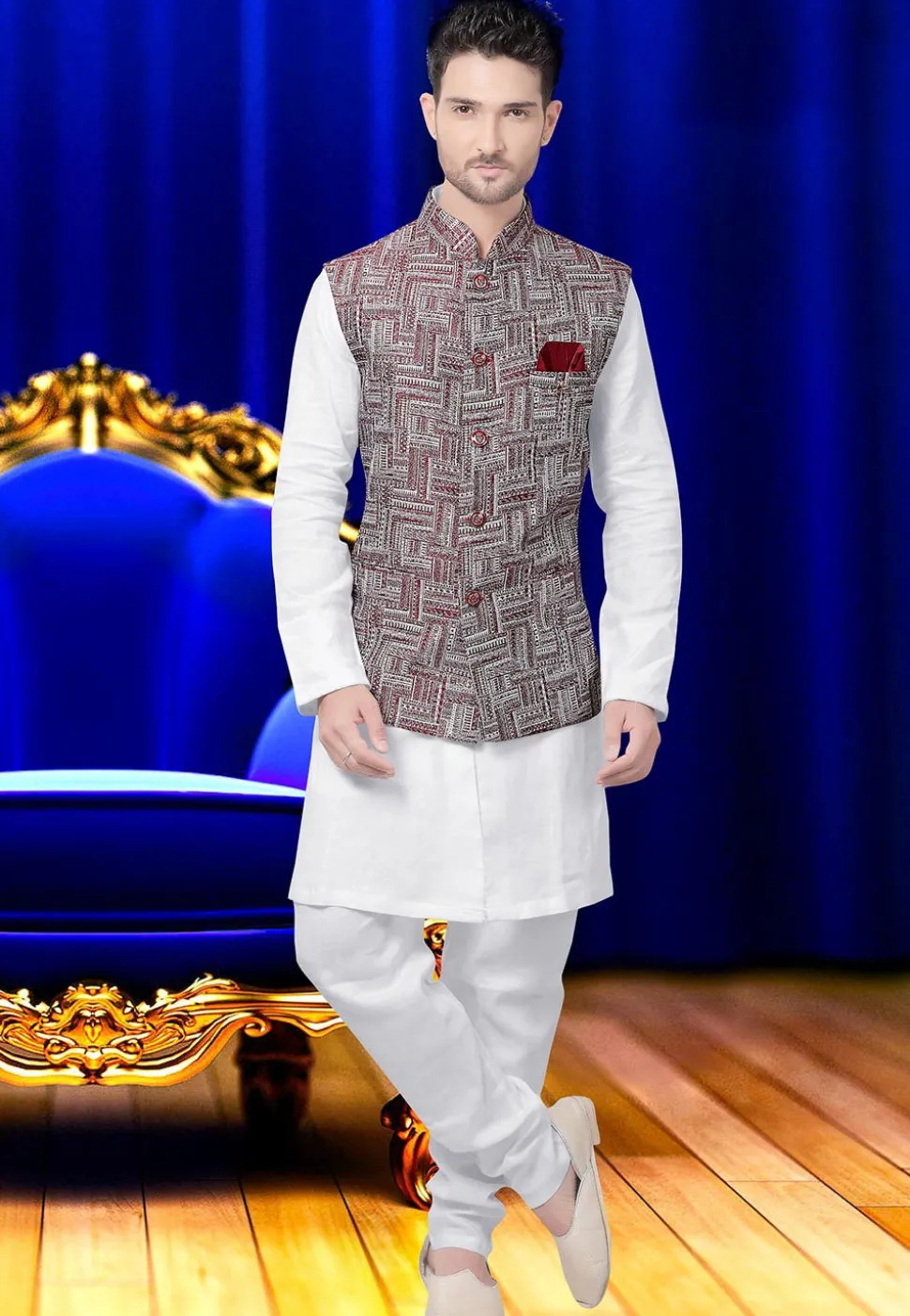 Woven Cotton Jacquard Nehru Jacket in White and Maroon