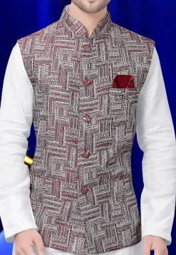 Woven Cotton Jacquard Nehru Jacket in White and Maroon