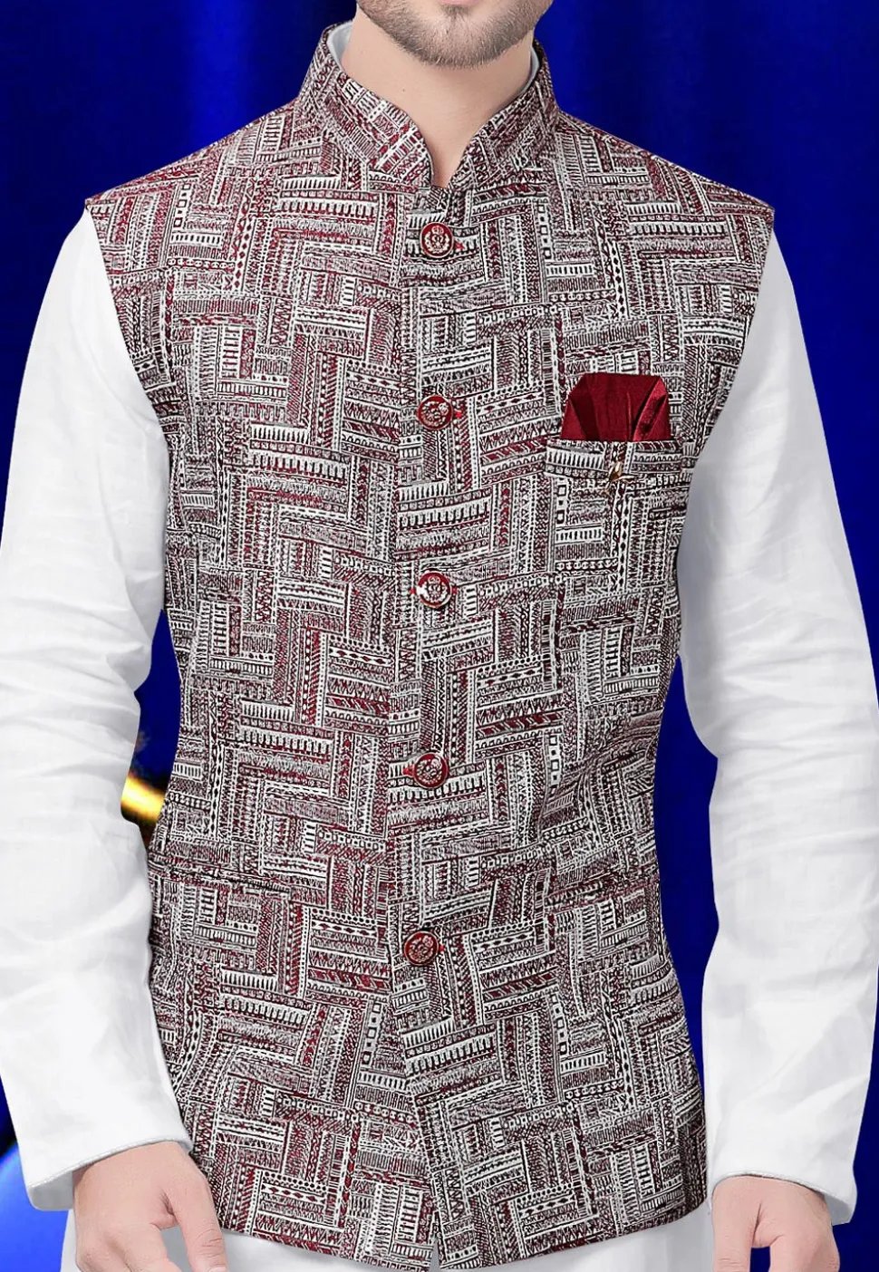 Woven Cotton Jacquard Nehru Jacket in White and Maroon