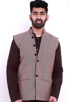 Woven Cotton Jacquard Nehru Jacket in Beige and Wine