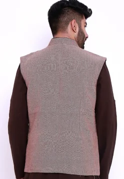 Woven Cotton Jacquard Nehru Jacket in Beige and Wine