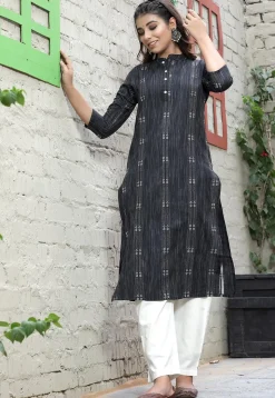 Woven Cotton Jacquard Straight Kurta in Charcoal Black