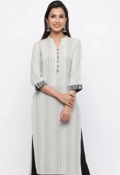 Woven Cotton Jacquard Straight Kurta in Off White