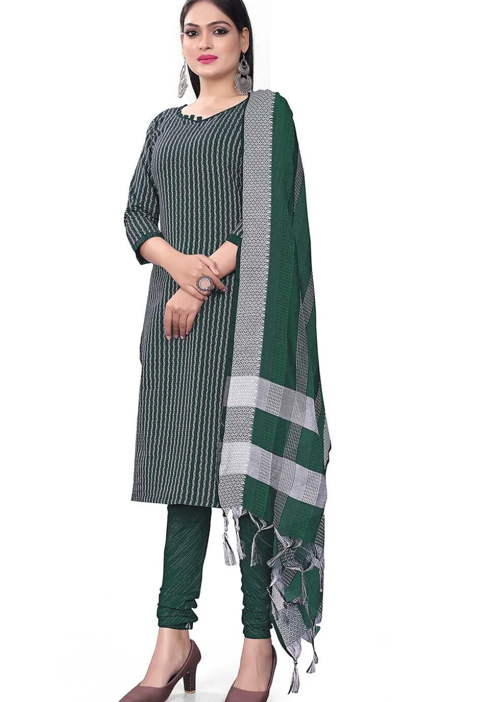 Woven Cotton Jacquard Straight Suit in Dark Green