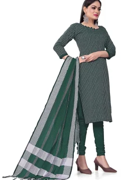 Woven Cotton Jacquard Straight Suit in Dark Green