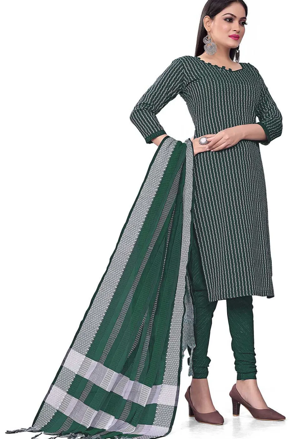 Woven Cotton Jacquard Straight Suit in Dark Green