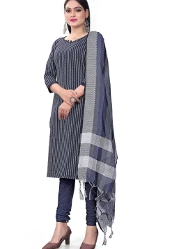 Woven Cotton Jacquard Straight Suit in Blue