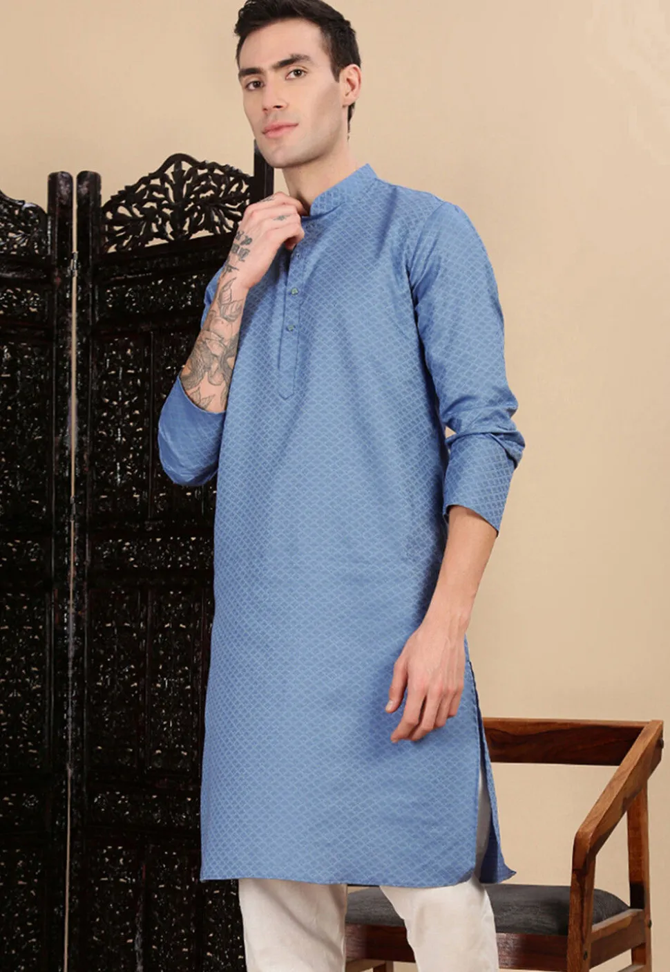 Woven Cotton Kurta in Blue