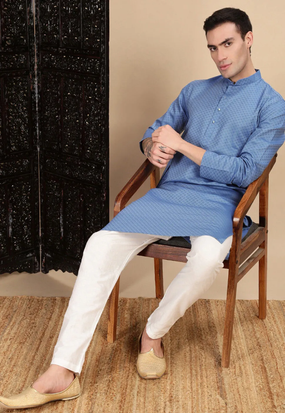 Woven Cotton Kurta in Blue