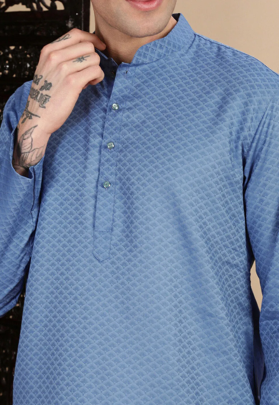 Woven Cotton Kurta in Blue