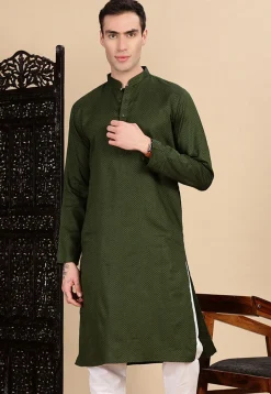 Woven Cotton Kurta in Dark Olive Green