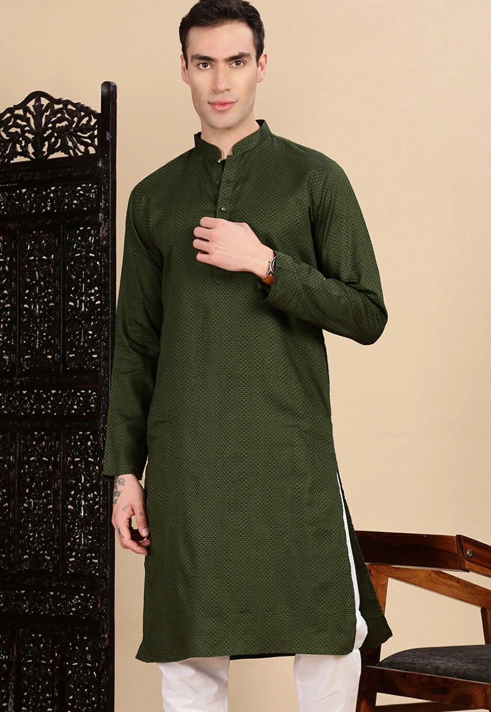 Woven Cotton Kurta in Dark Olive Green