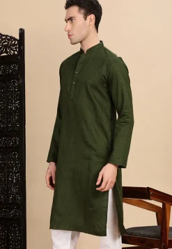 Woven Cotton Kurta in Dark Olive Green