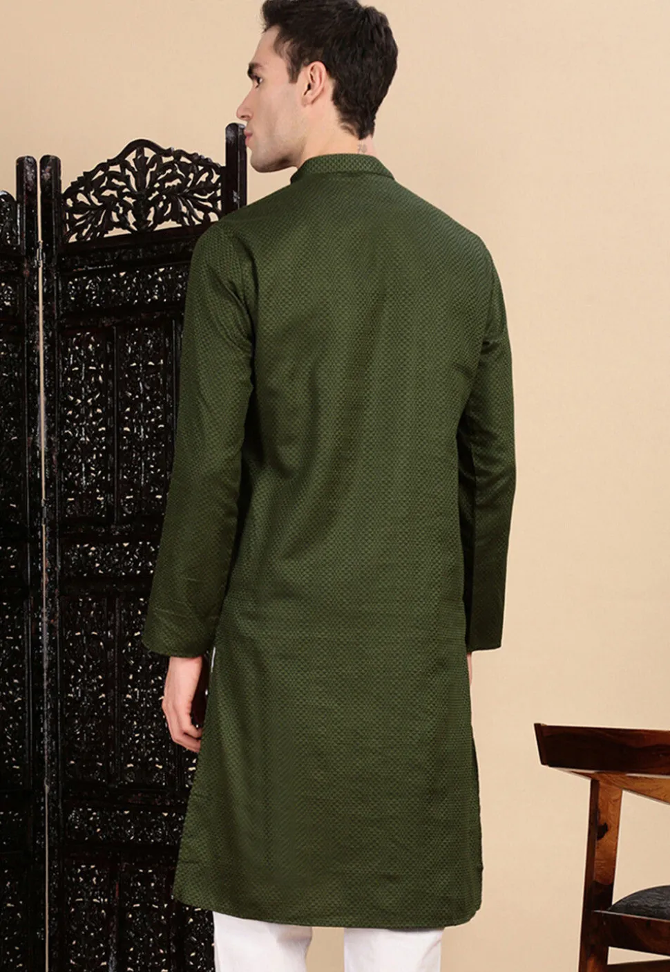 Woven Cotton Kurta in Dark Olive Green