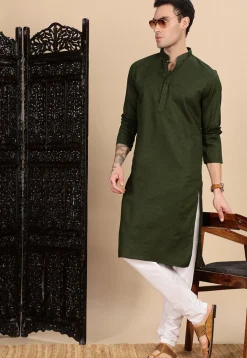 Woven Cotton Kurta in Dark Olive Green