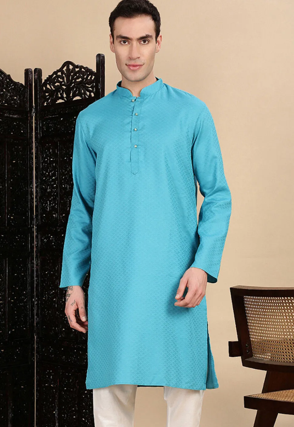 Woven Cotton Kurta in Light Blue