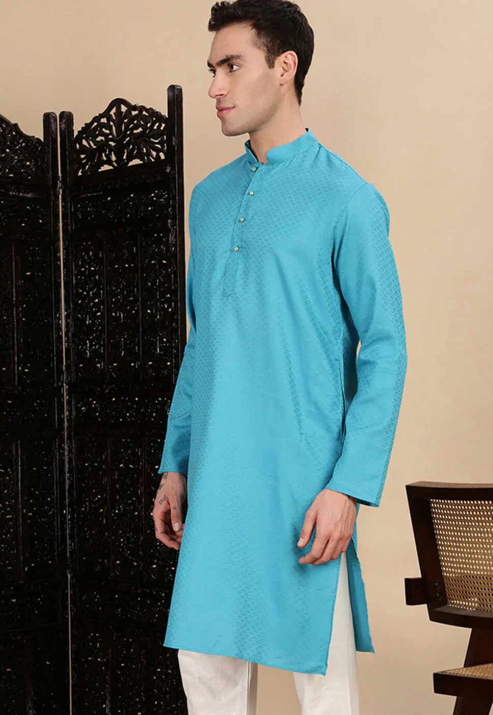 Woven Cotton Kurta in Light Blue