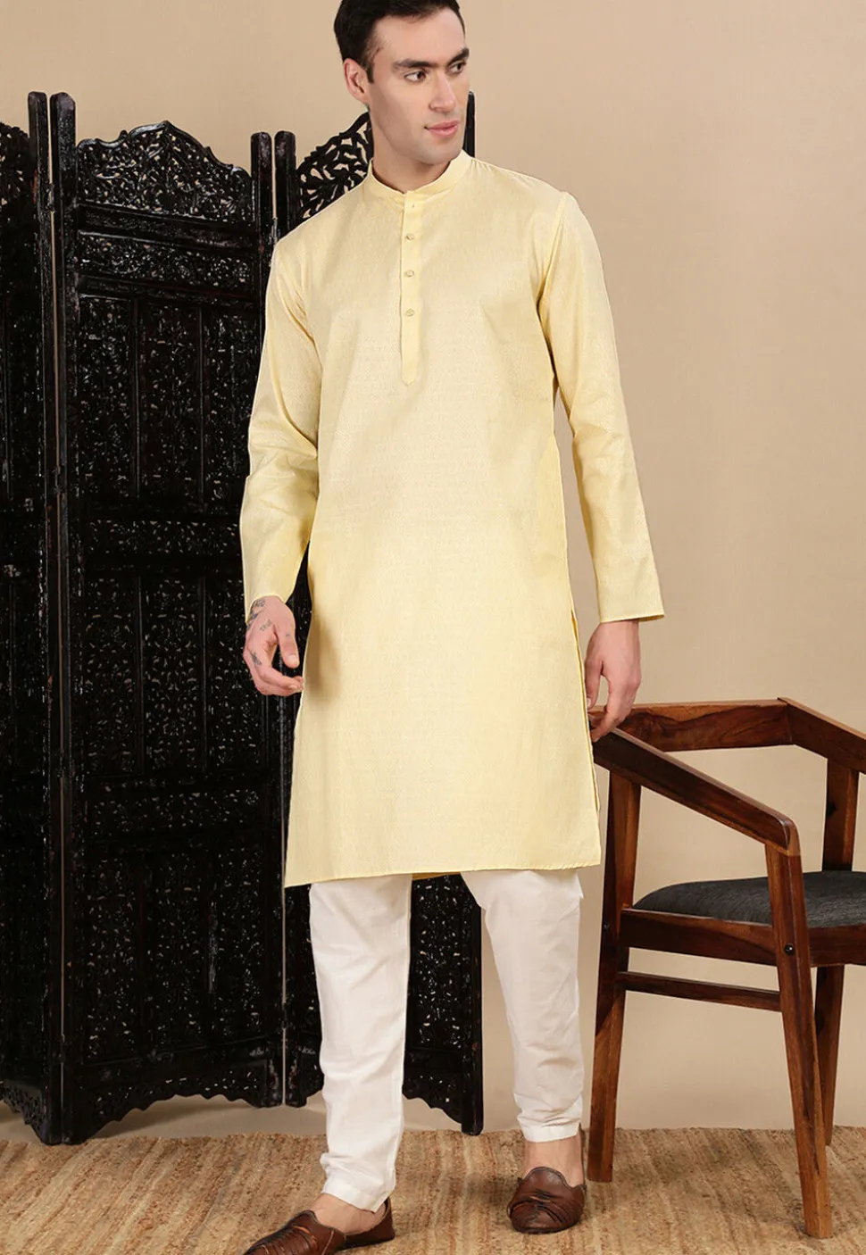 Woven Cotton Kurta in Light Yellow