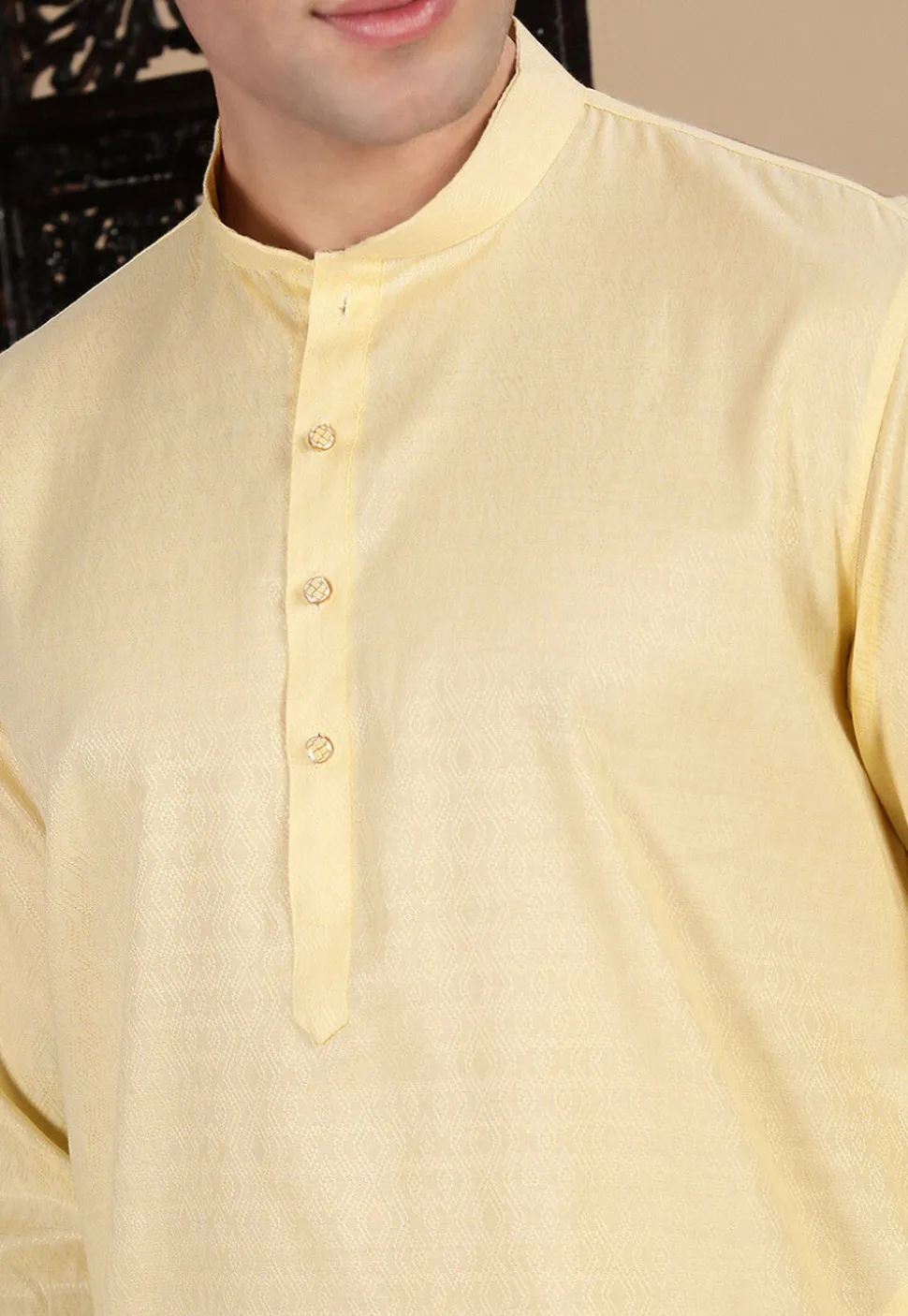 Woven Cotton Kurta in Light Yellow