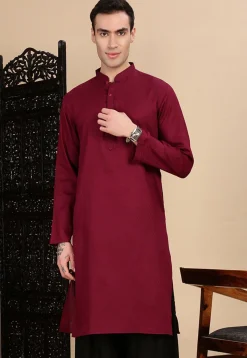 Woven Cotton Kurta in Maroon