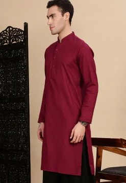 Woven Cotton Kurta in Maroon