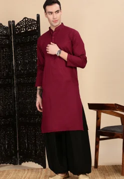 Woven Cotton Kurta in Maroon