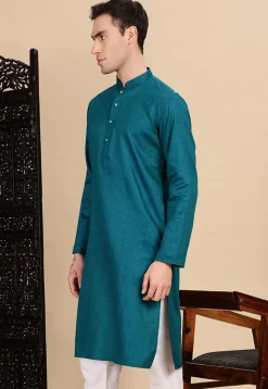 Woven Cotton Kurta in Teal Blue