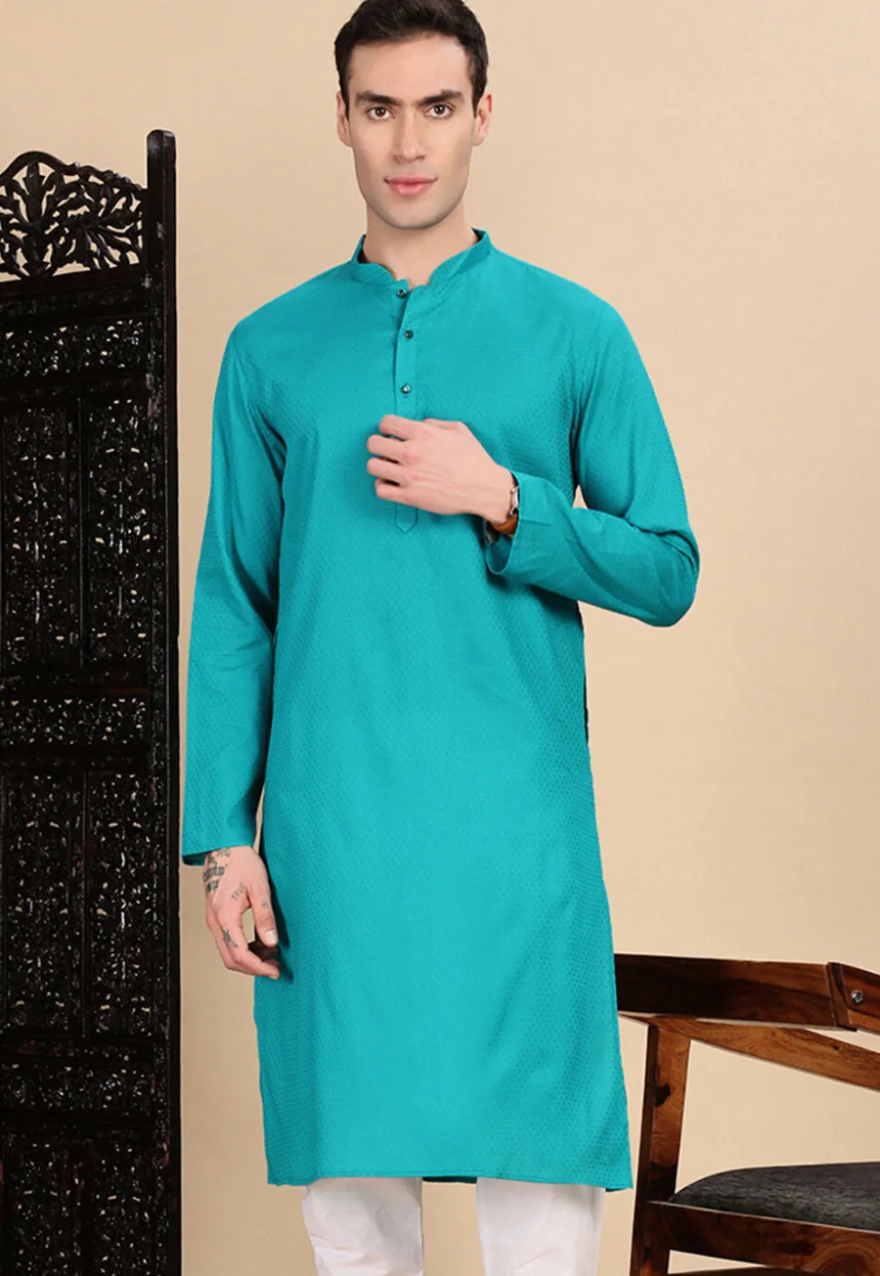 Woven Cotton Kurta in Teal Blue