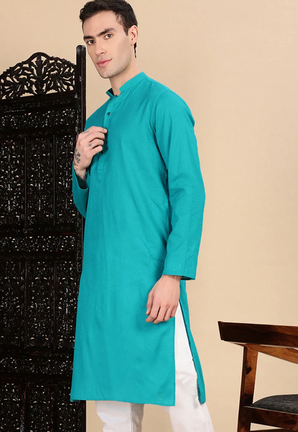 Woven Cotton Kurta in Teal Blue