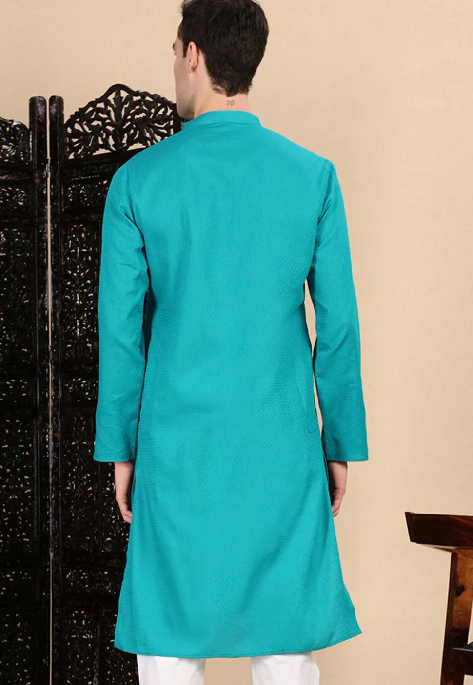 Woven Cotton Kurta in Teal Blue