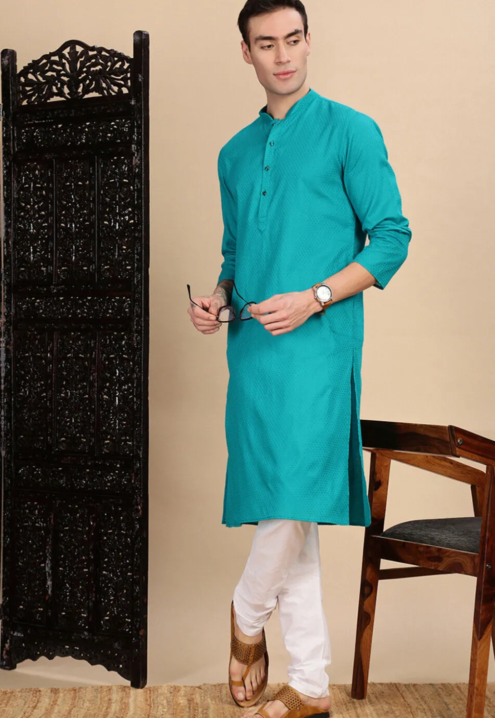 Woven Cotton Kurta in Teal Blue