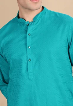 Woven Cotton Kurta in Teal Blue