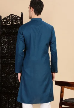 Woven Cotton Kurta in Teal Blue