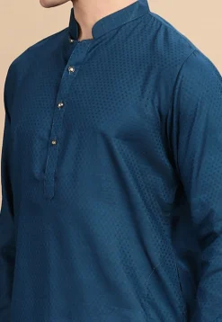 Woven Cotton Kurta in Teal Blue