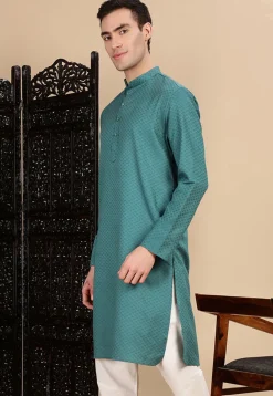 Woven Cotton Kurta in Teal Blue