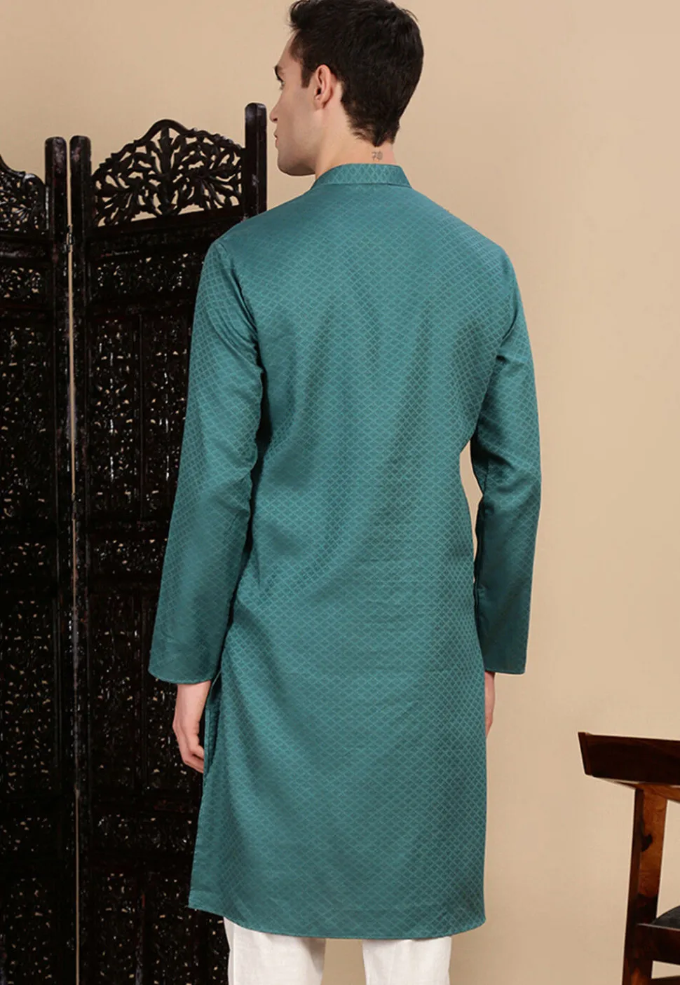 Woven Cotton Kurta in Teal Blue