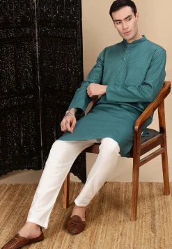 Woven Cotton Kurta in Teal Blue