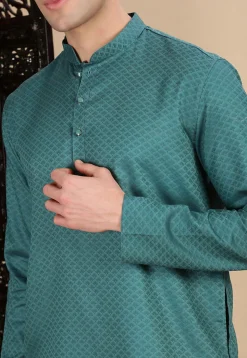 Woven Cotton Kurta in Teal Blue