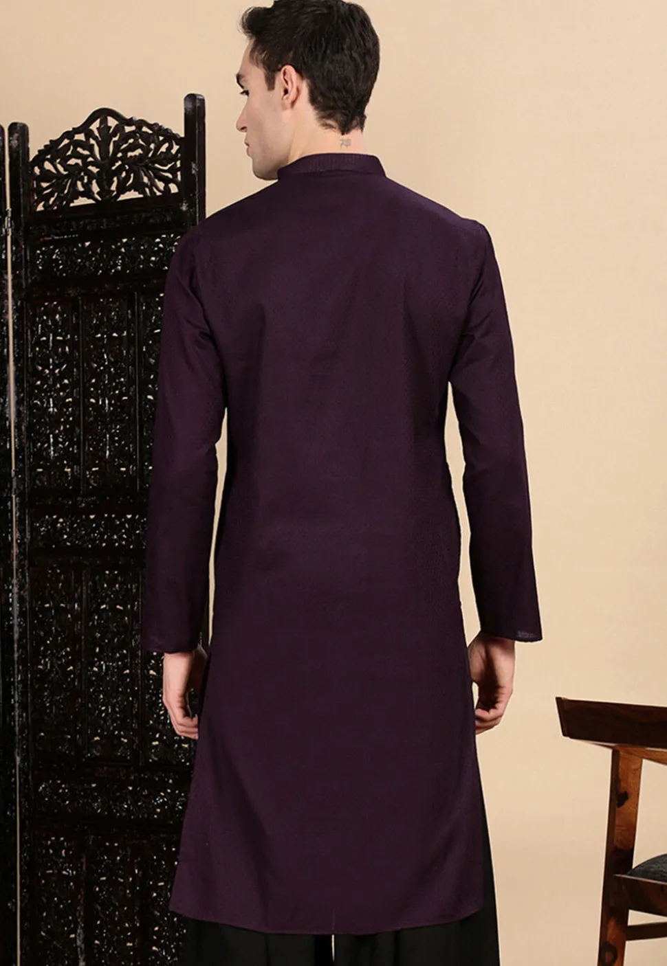 Woven Cotton Kurta in Violet