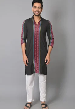 Woven Cotton Kurta Set in Black