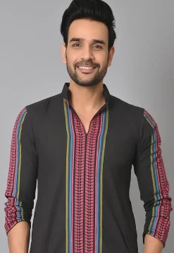 Woven Cotton Kurta Set in Black