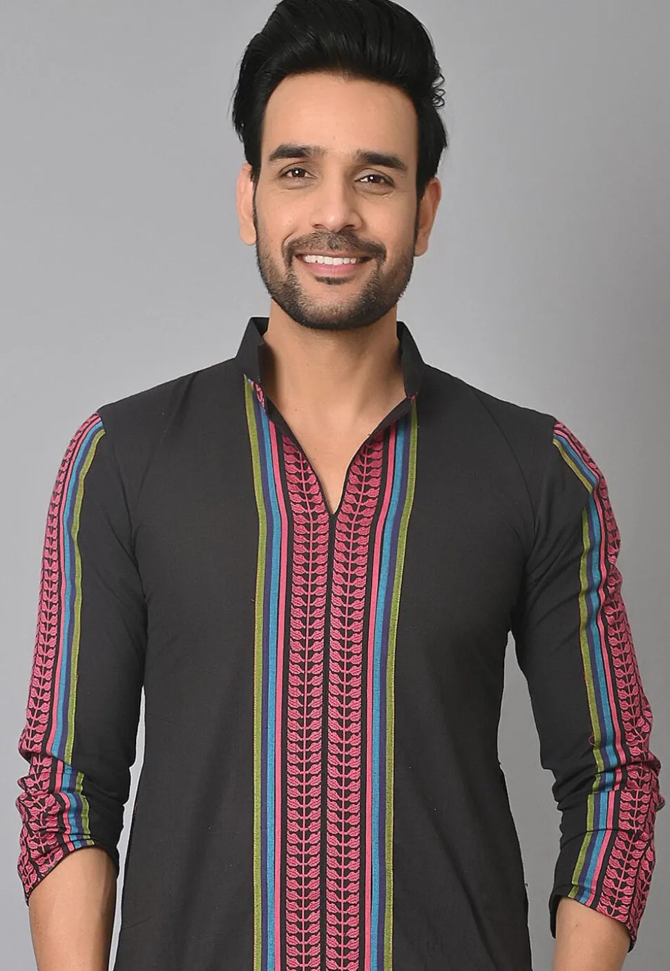 Woven Cotton Kurta Set in Black