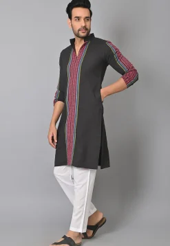 Woven Cotton Kurta Set in Black