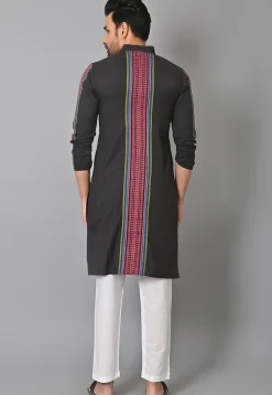 Woven Cotton Kurta Set in Black