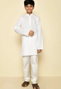 Woven Cotton Kurta Set in White