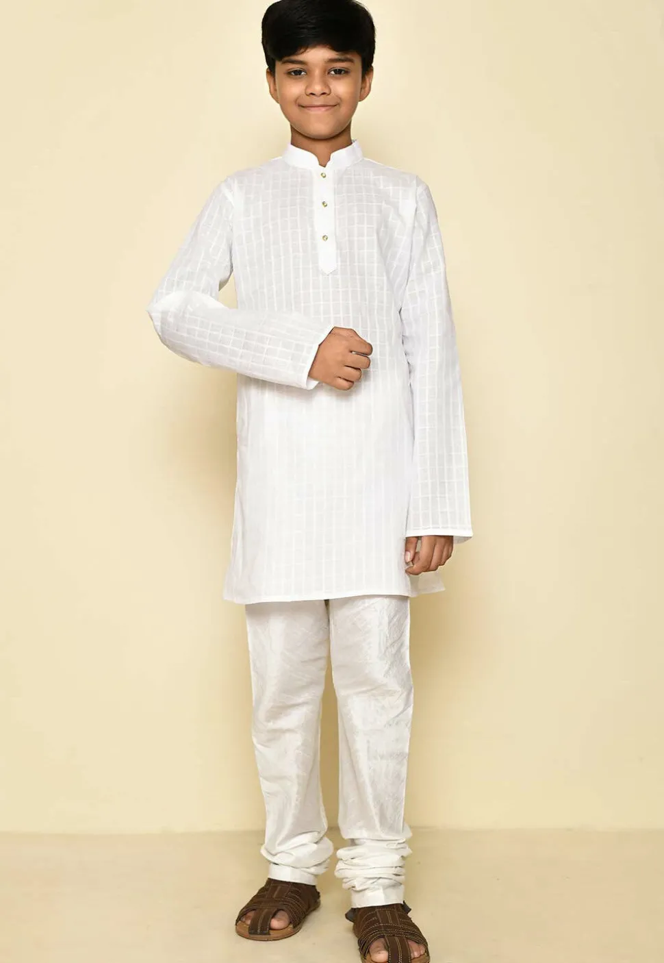 Woven Cotton Kurta Set in White