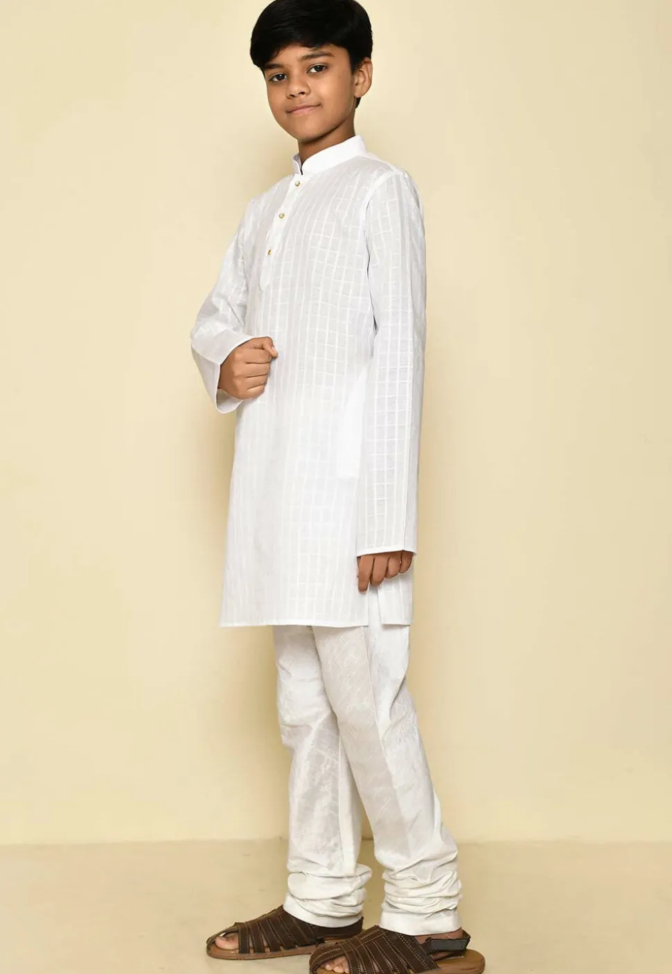 Woven Cotton Kurta Set in White