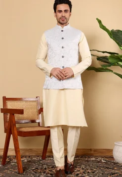 Woven Cotton Kurta Set in Light Beige and Light Blue