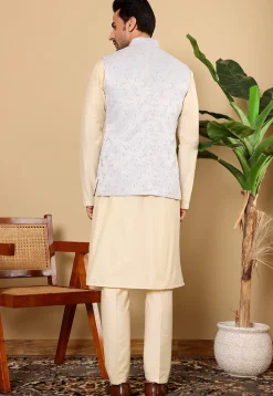 Woven Cotton Kurta Set in Light Beige and Light Blue